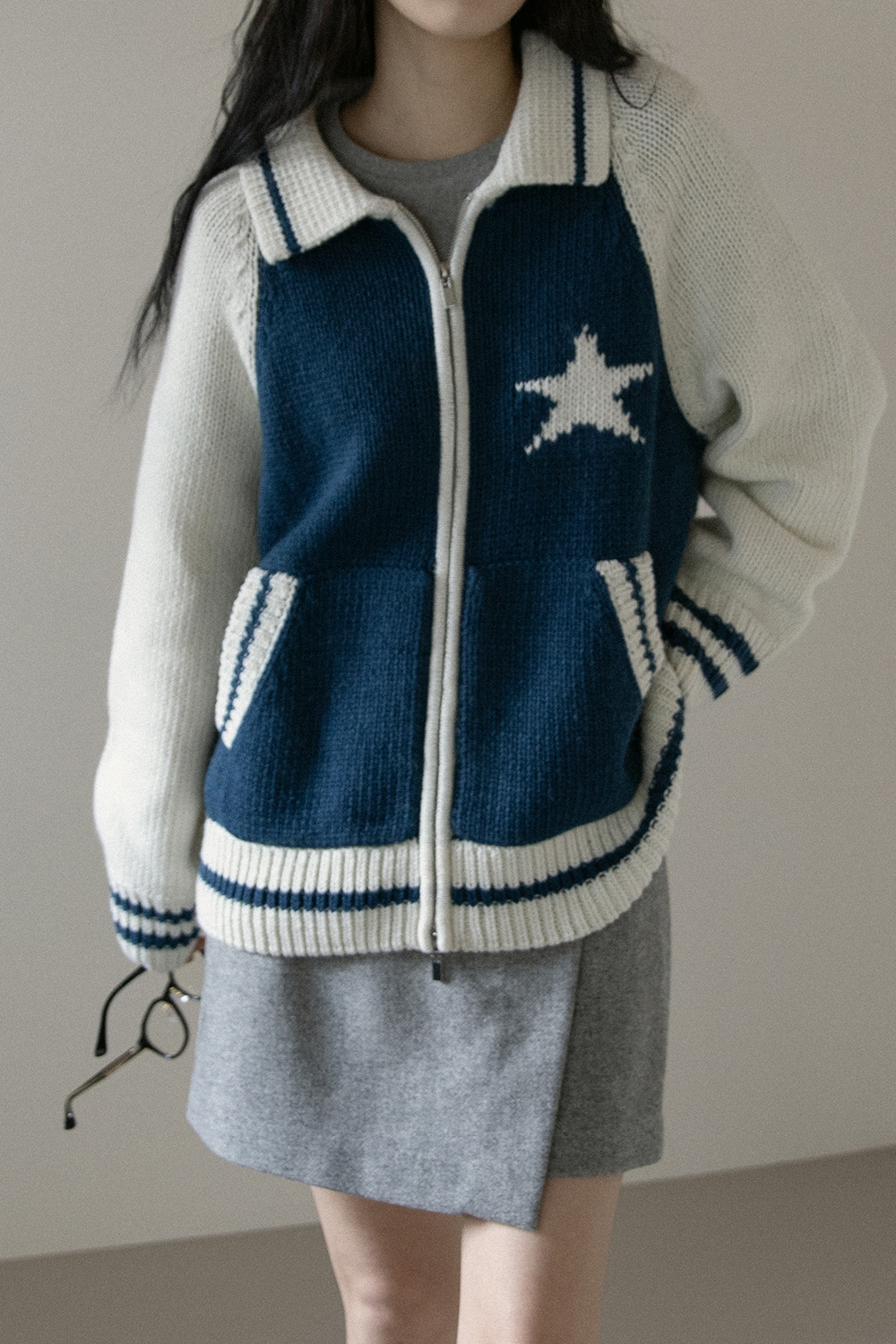 STAR KNIT ZIP-UP CARDIGAN (2COLORS)(SOLD OUT)